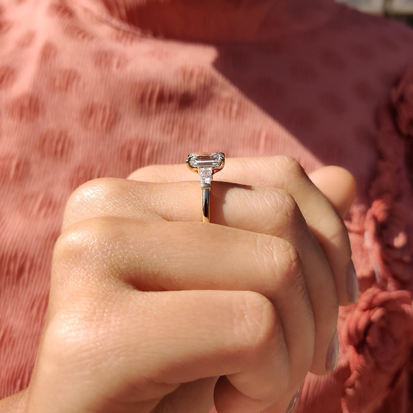 2.38 CT Emerald Three Stone Moissanite Engagement Ring