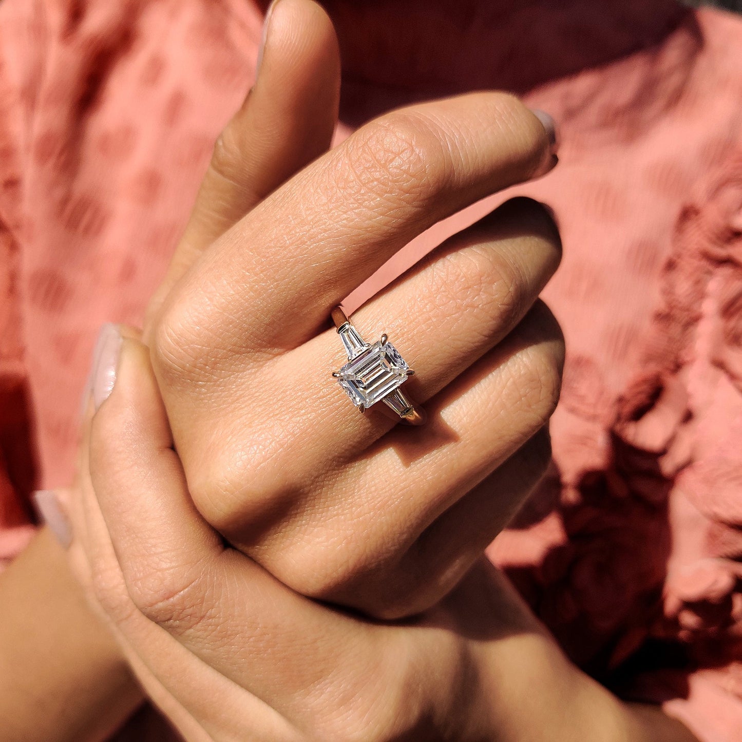 2.38 CT Emerald Three Stone Moissanite Engagement Ring