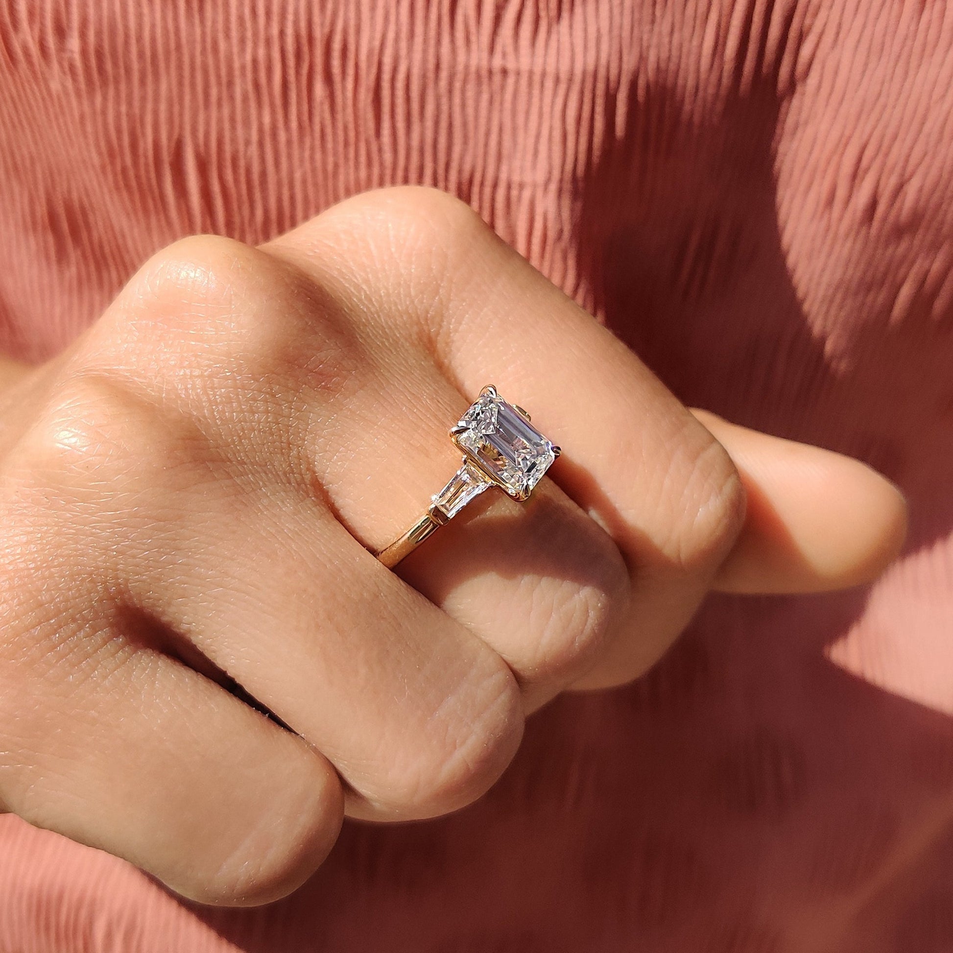 2.38 CT Emerald Three Stone Moissanite Engagement Ring