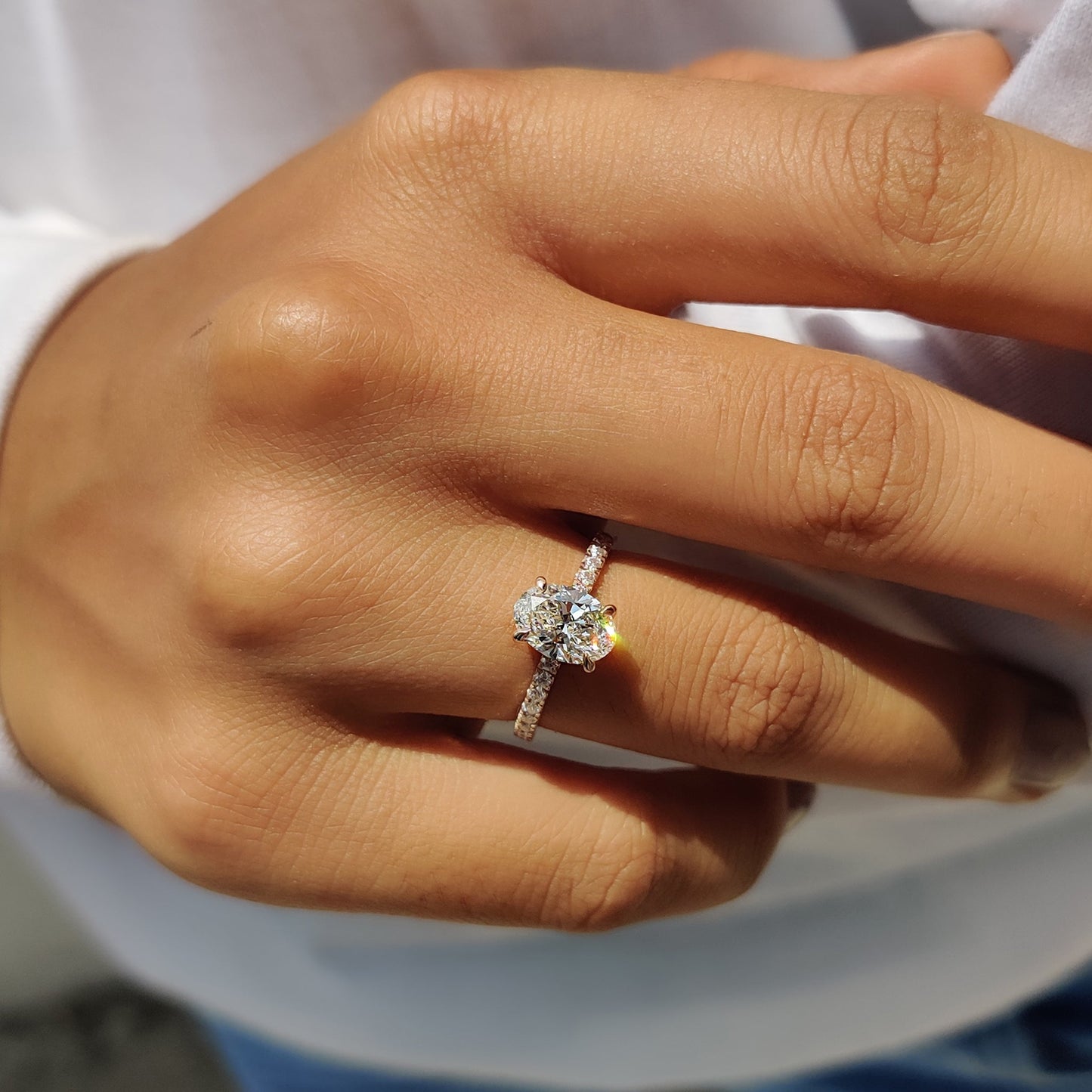 1.10 CT Oval Hidden Halo & Pave Moissanite Engagement Ring