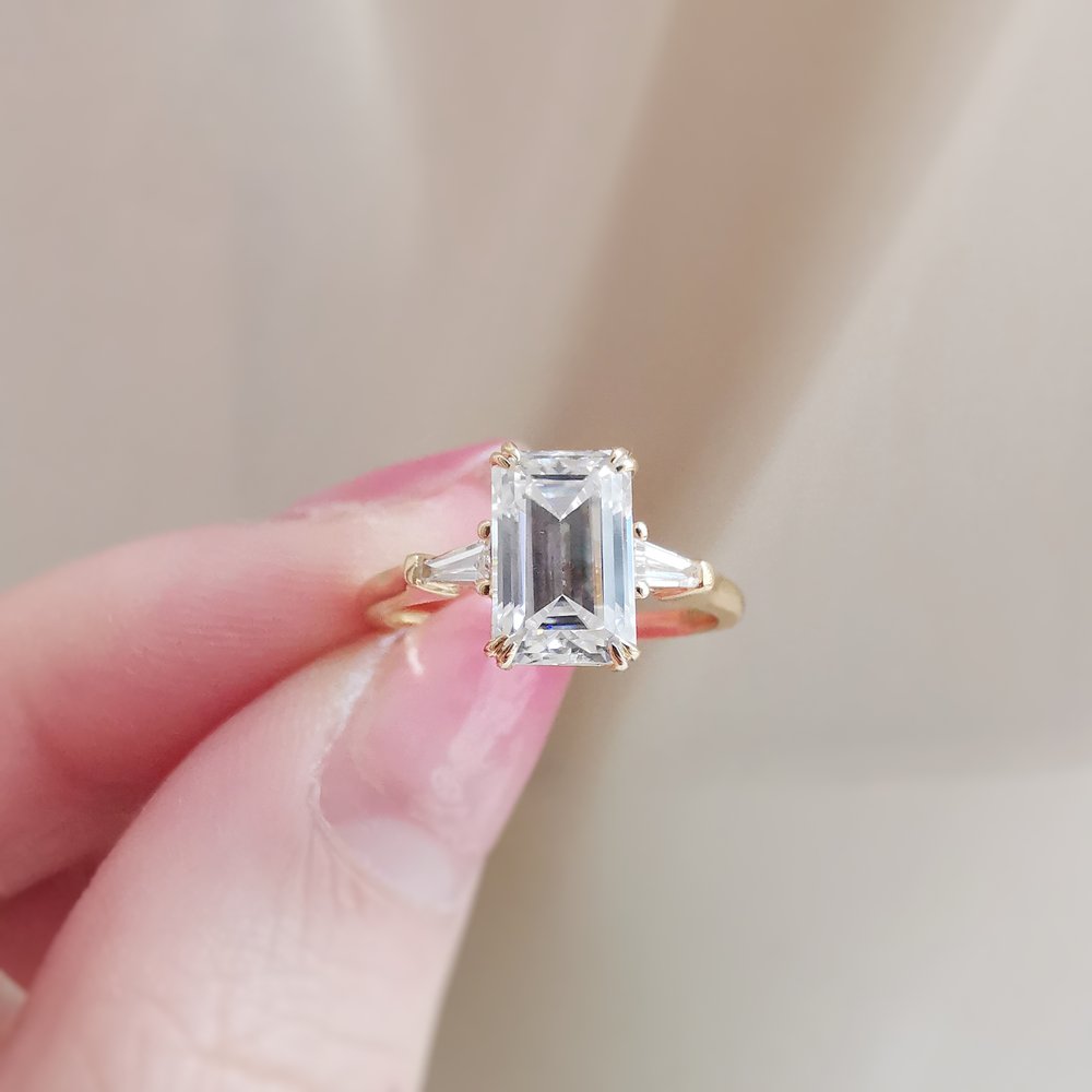 1.7 CT Emerald Three Stone Moissanite Engagement Ring