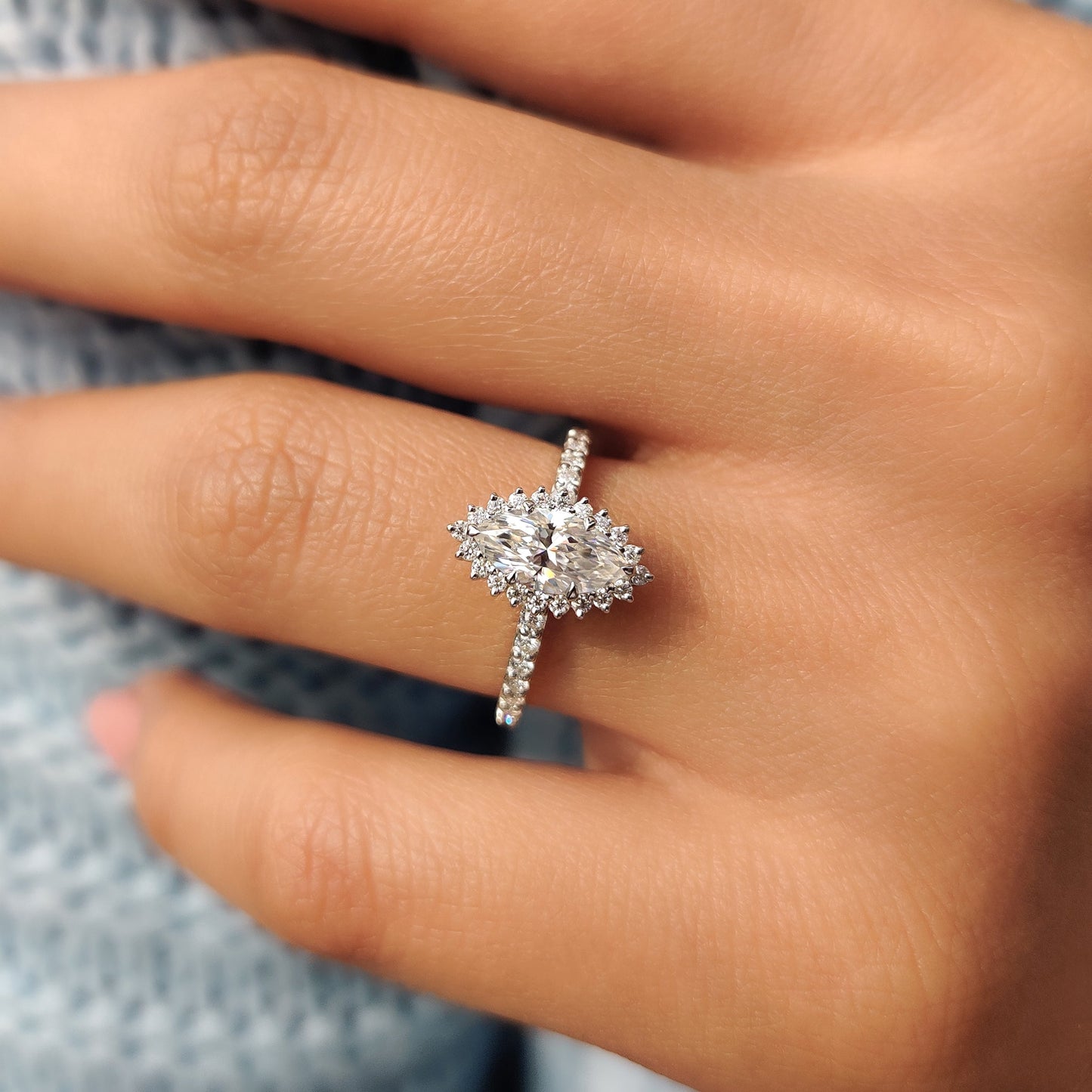 0.72 CT Marquise Halo & Pave Moissanite Engagement Ring