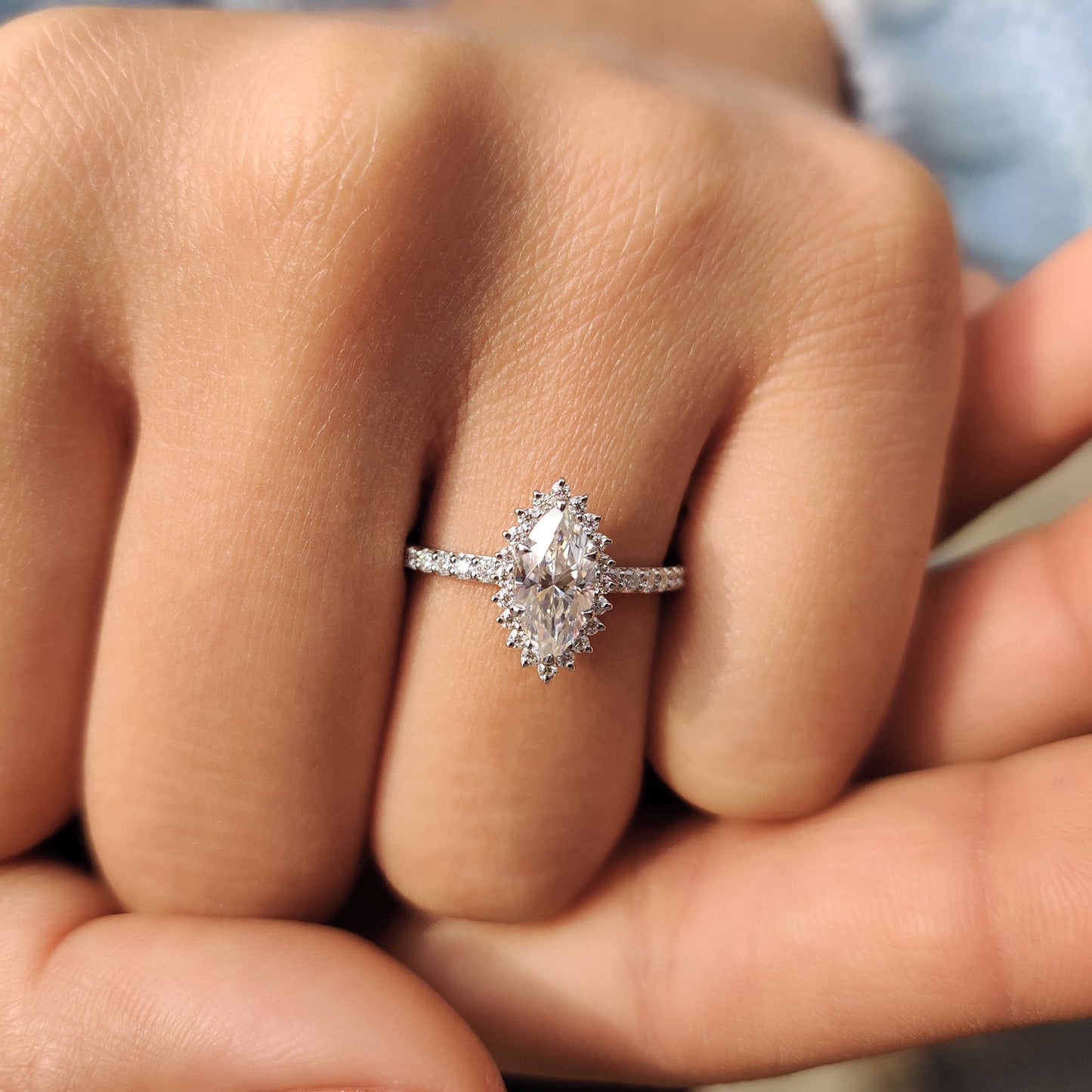 0.72 CT Marquise Halo & Pave Moissanite Engagement Ring