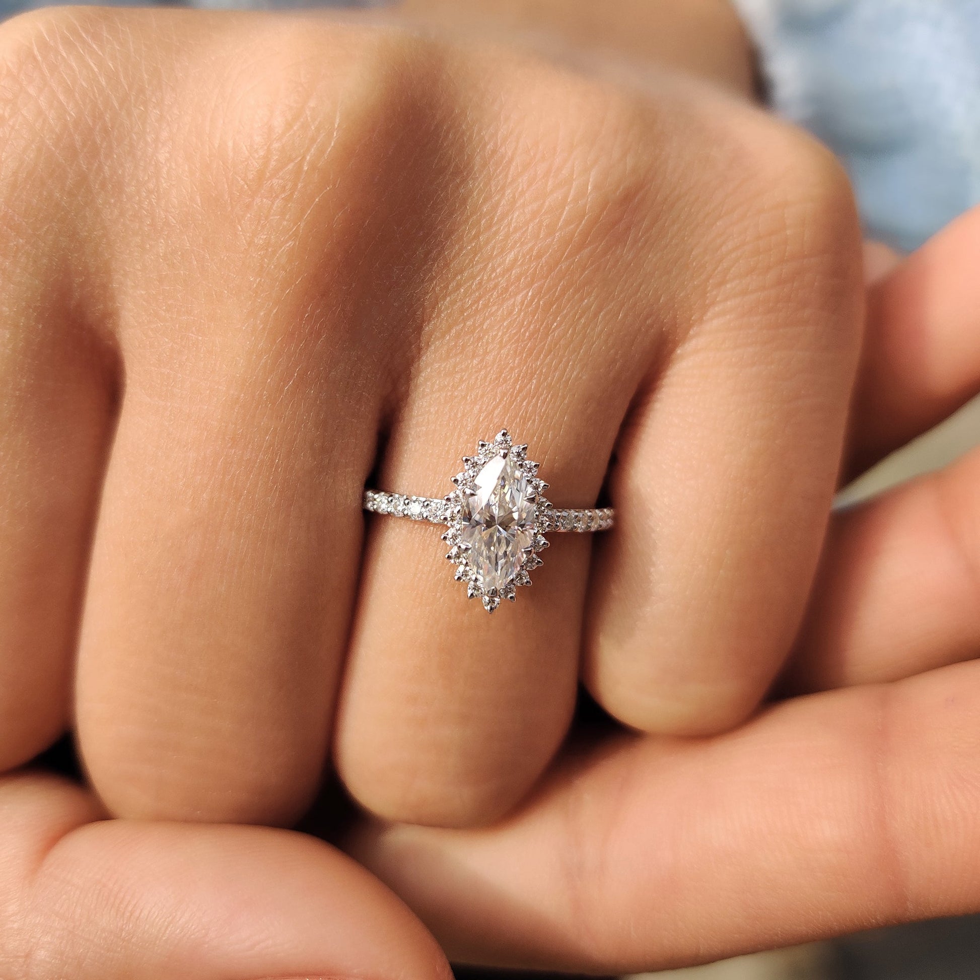 0.72 CT Marquise Halo & Pave Moissanite Engagement Ring