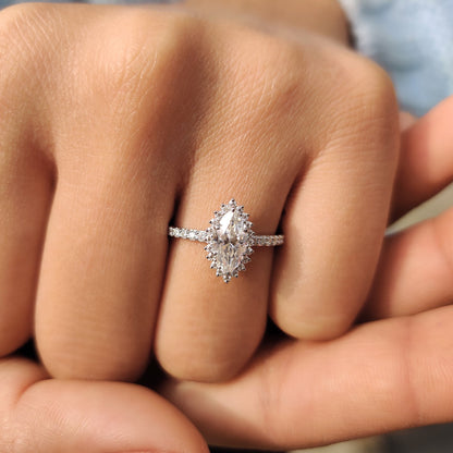 0.72 CT Marquise Halo & Pave Moissanite Engagement Ring