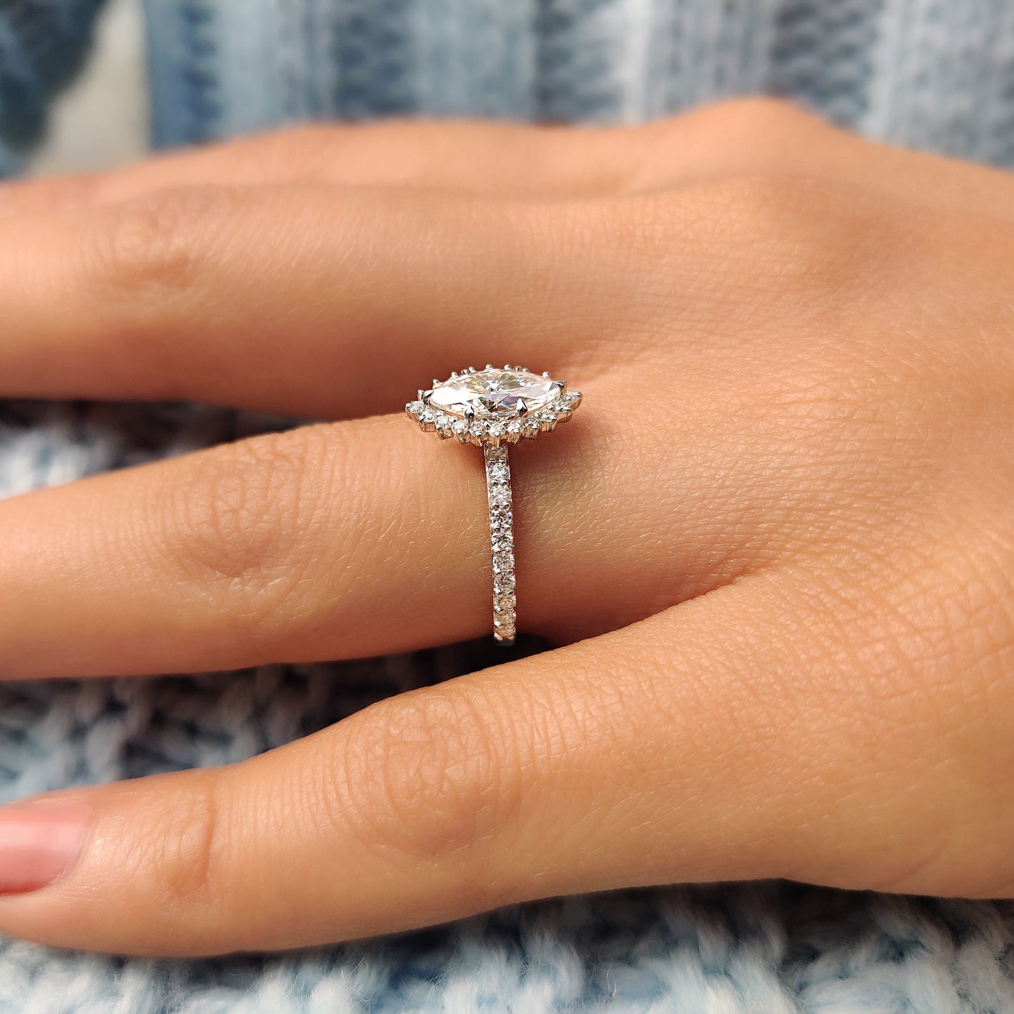 0.72 CT Marquise Halo & Pave Moissanite Engagement Ring
