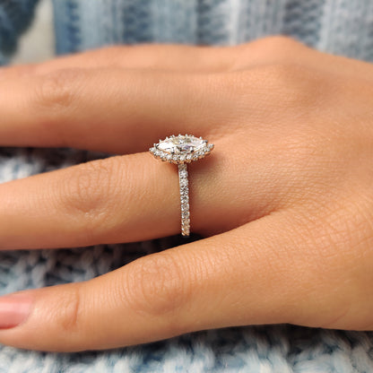 0.72 CT Marquise Halo & Pave Moissanite Engagement Ring