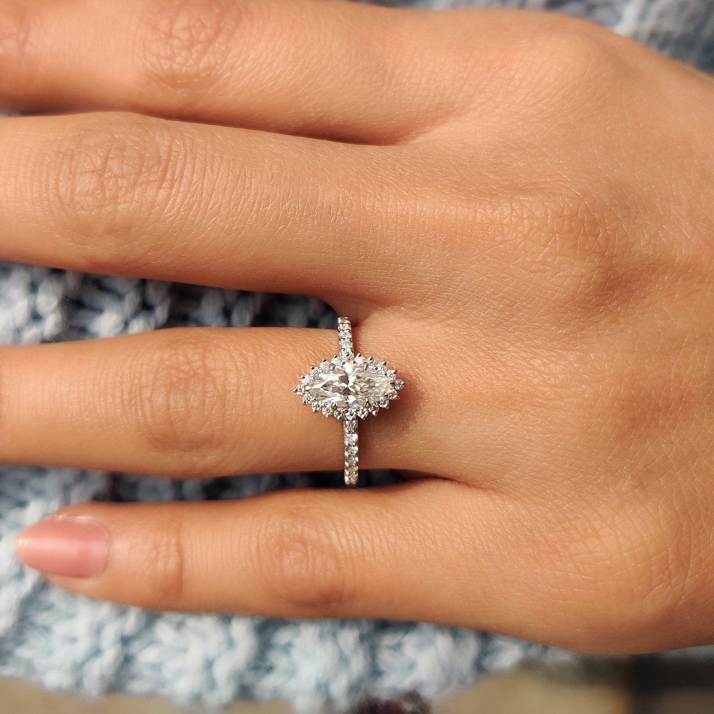 0.72 CT Marquise Halo & Pave Moissanite Engagement Ring