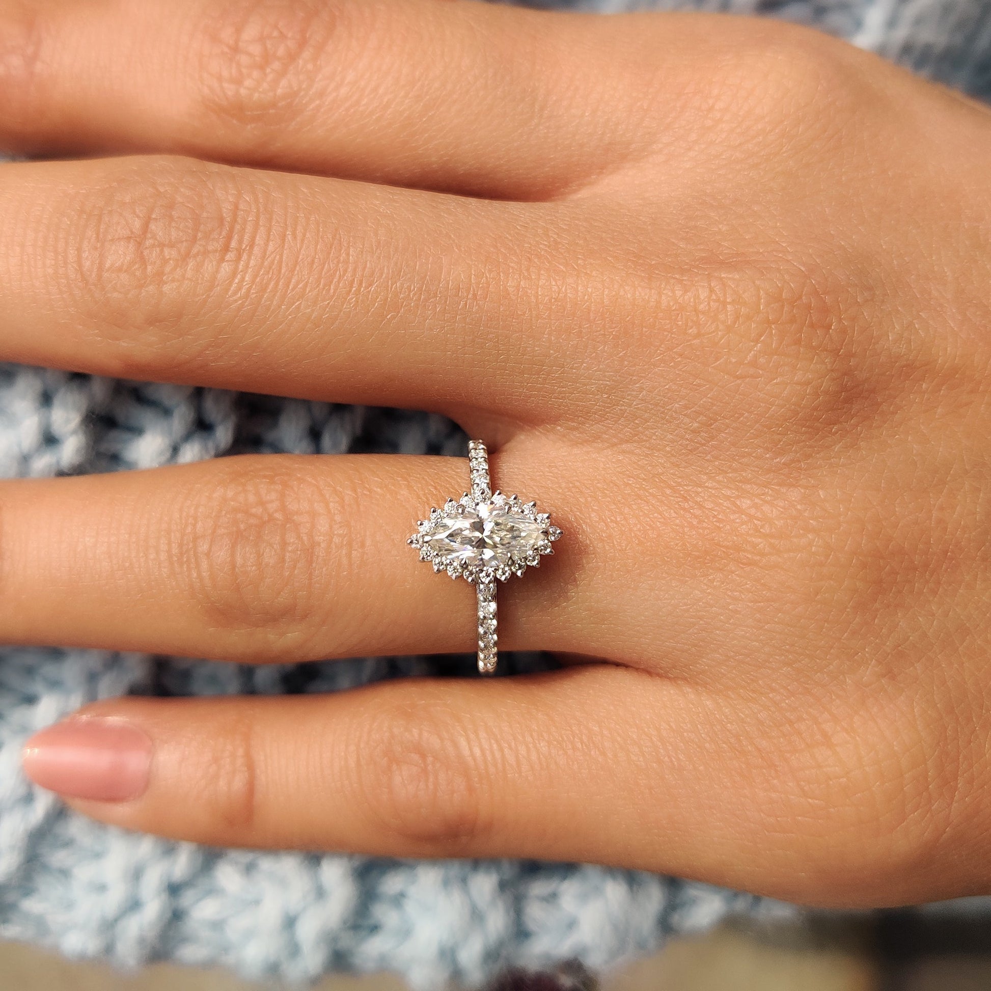 0.72 CT Marquise Halo & Pave Moissanite Engagement Ring