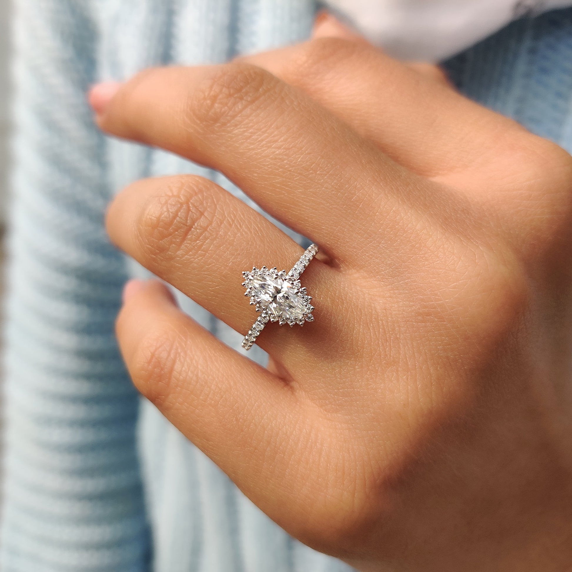 0.72 CT Marquise Halo & Pave Moissanite Engagement Ring