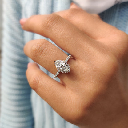 0.72 CT Marquise Halo & Pave Moissanite Engagement Ring