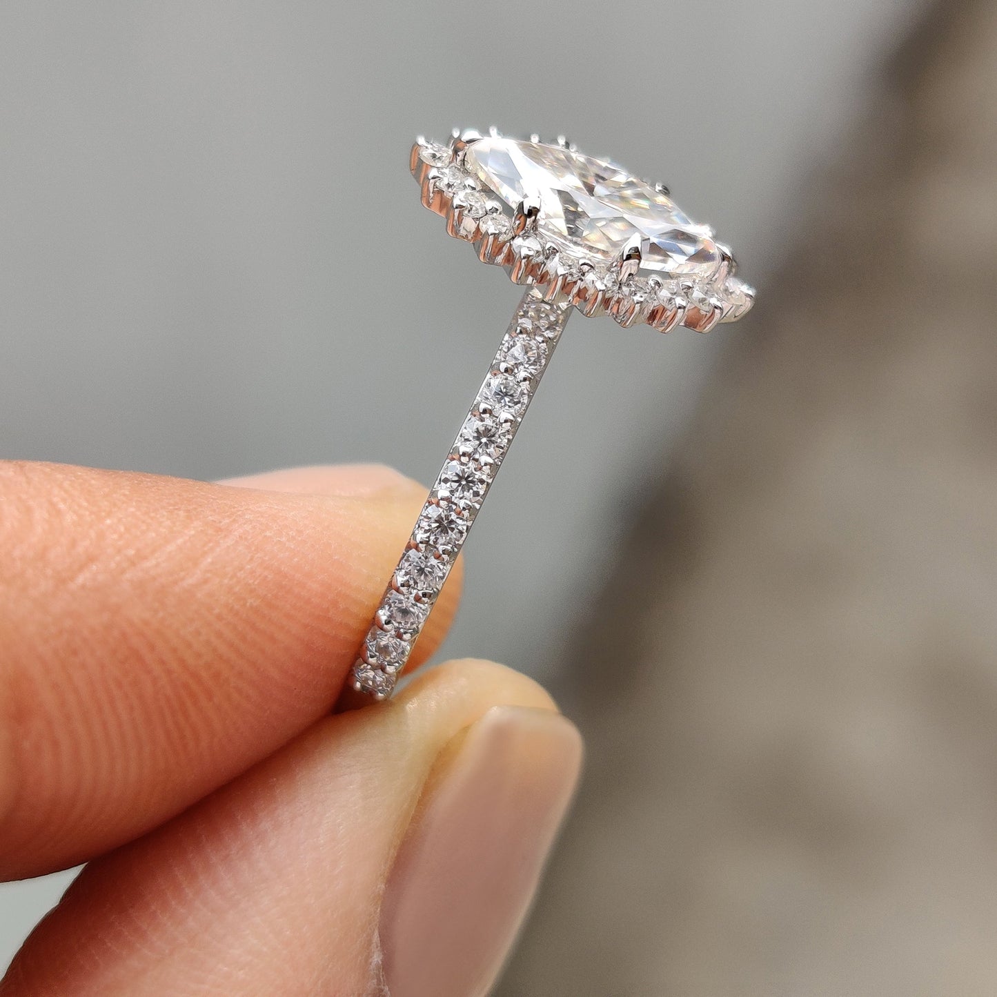 0.72 CT Marquise Halo & Pave Moissanite Engagement Ring