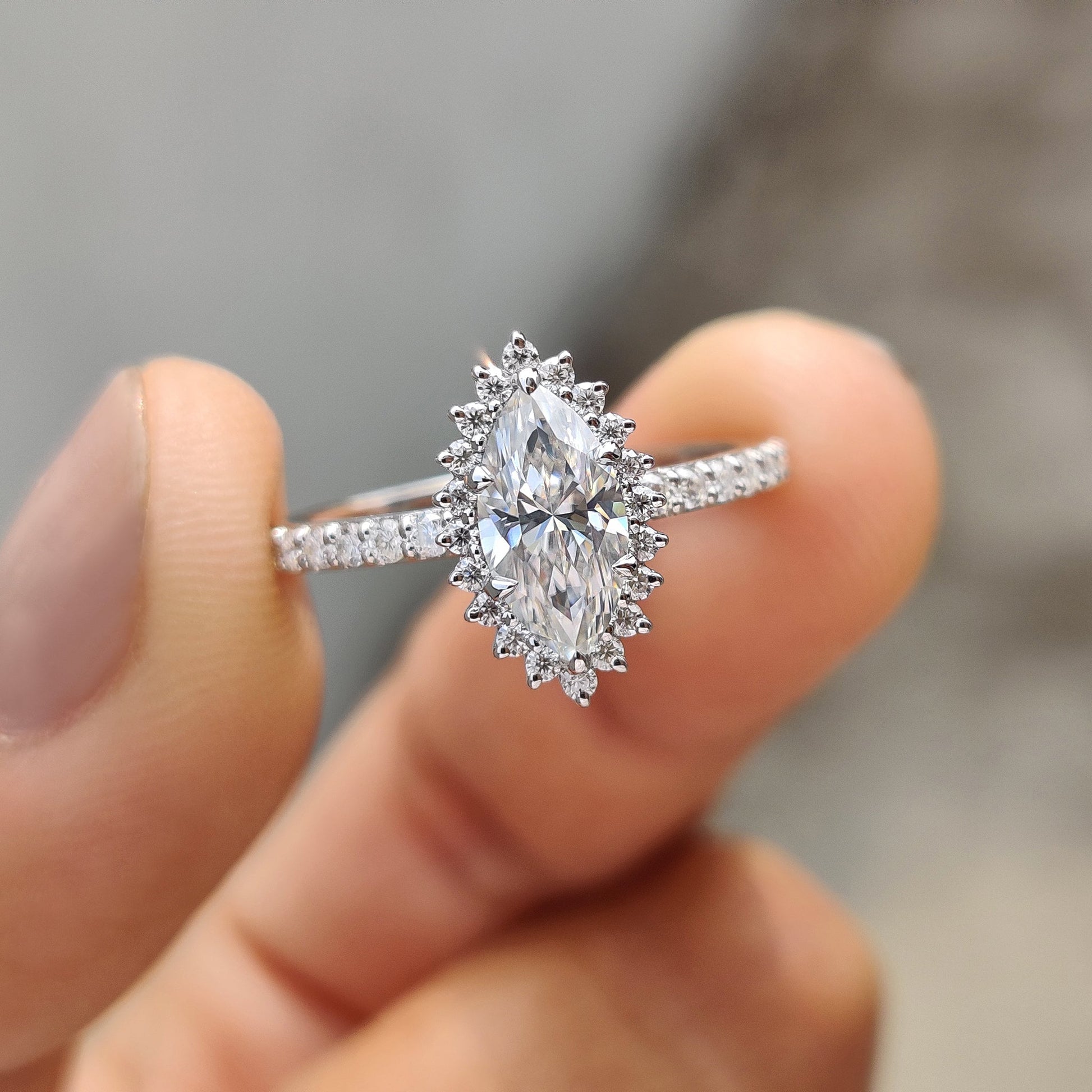 0.72 CT Marquise Halo & Pave Moissanite Engagement Ring
