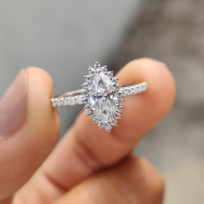 0.72 CT Marquise Halo & Pave Moissanite Engagement Ring