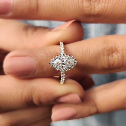 0.72 CT Marquise Halo & Pave Moissanite Engagement Ring