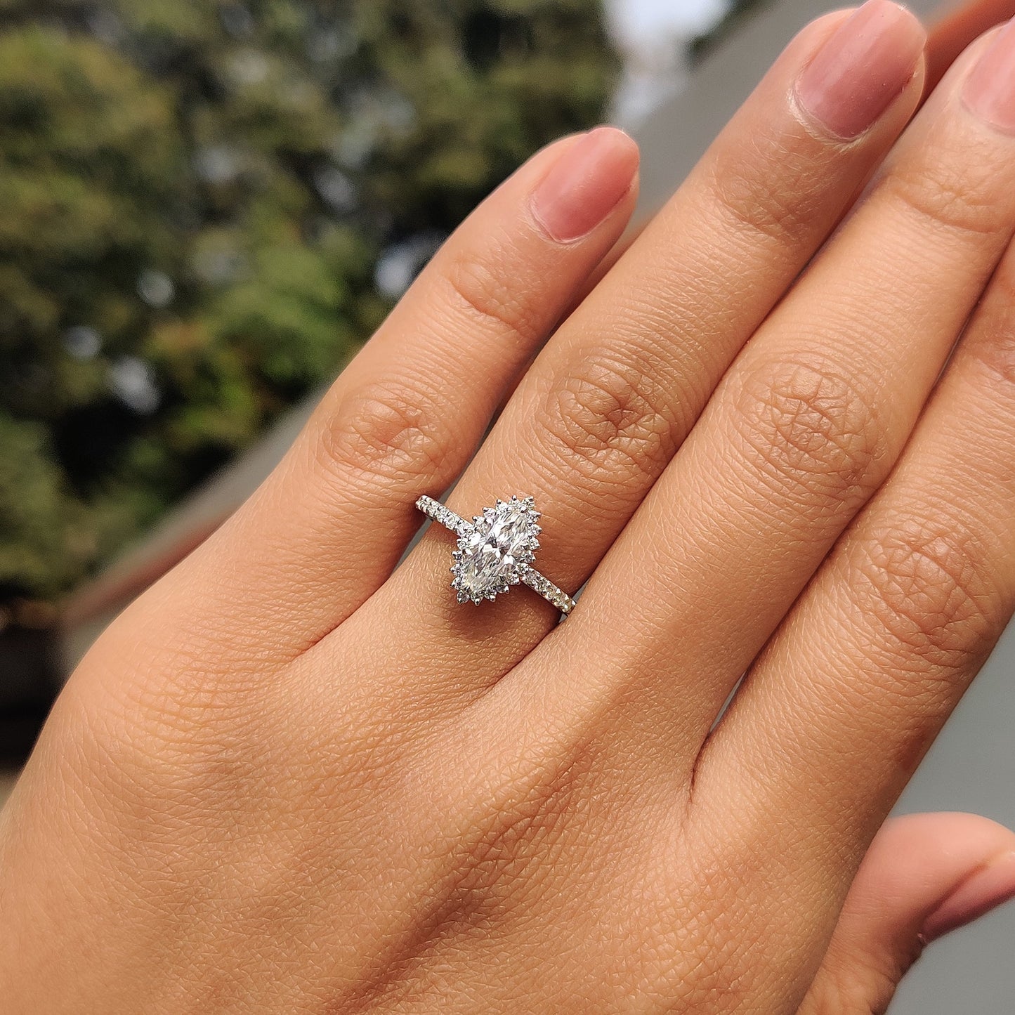 0.72 CT Marquise Halo & Pave Moissanite Engagement Ring