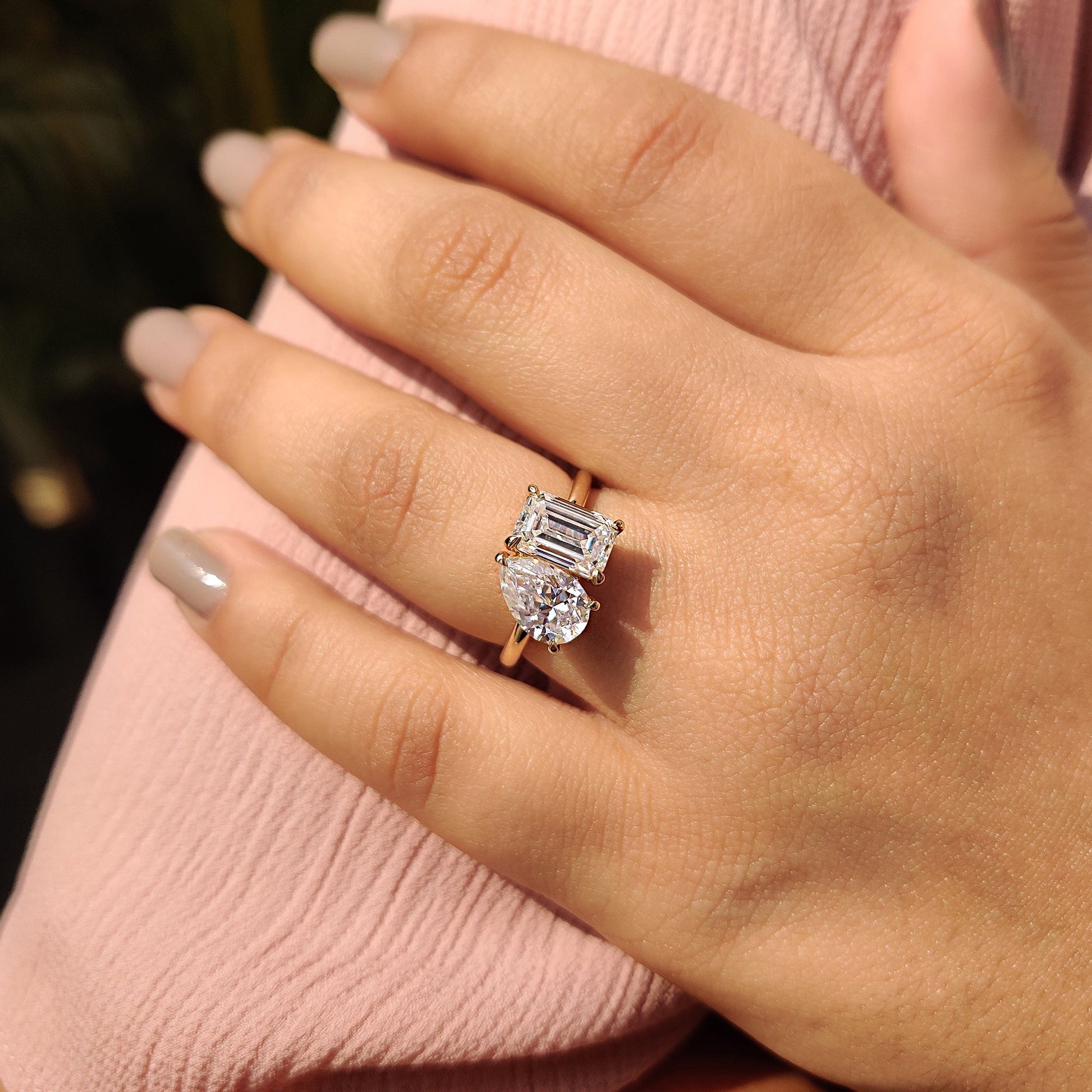 2.91 TCW Emerald & Pear Toi Et Moi Moissanite Engagement Ring