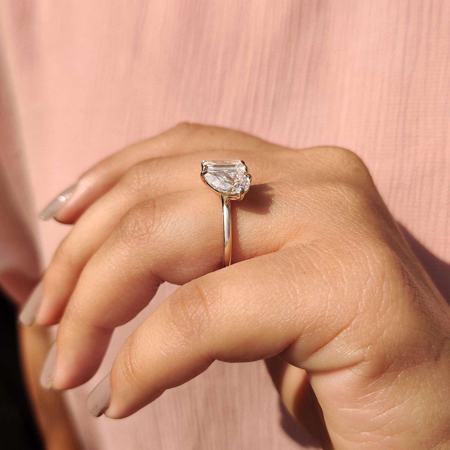 2.91 TCW Emerald & Pear Toi Et Moi Moissanite Engagement Ring