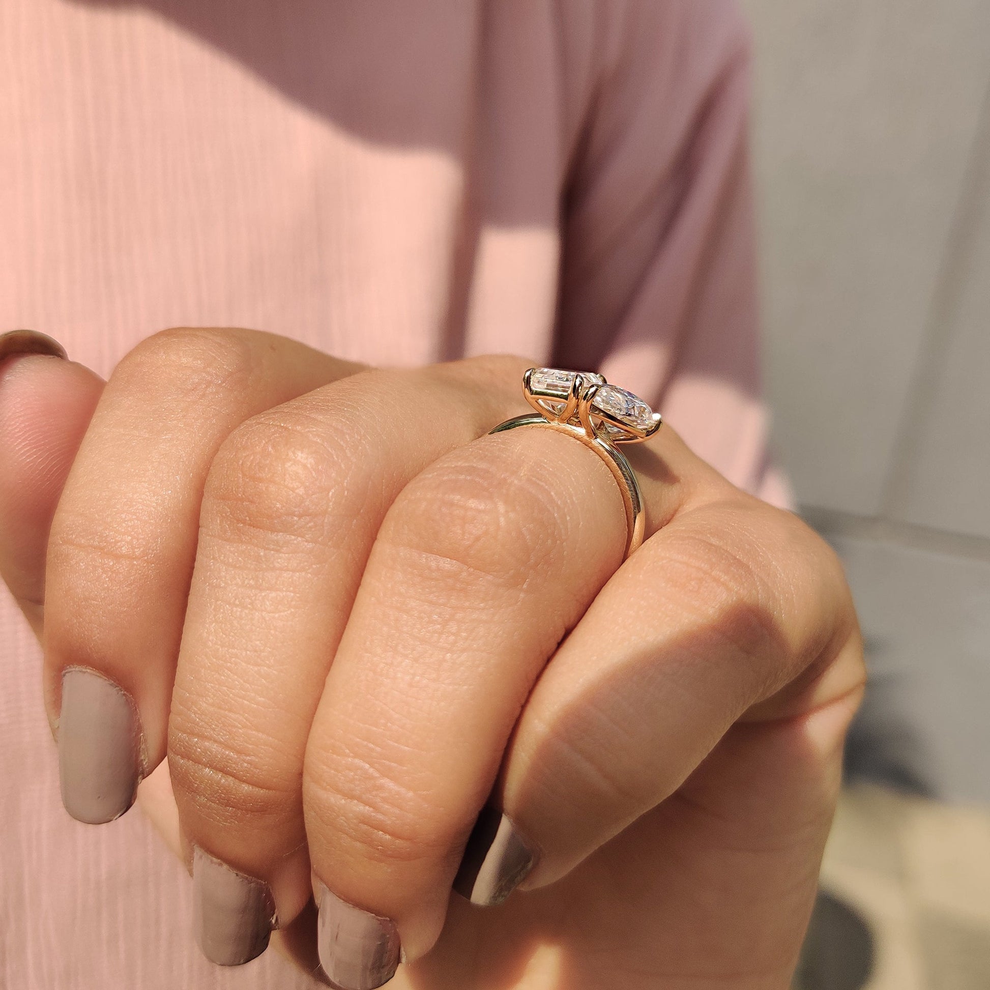 2.91 TCW Emerald & Pear Toi Et Moi Moissanite Engagement Ring