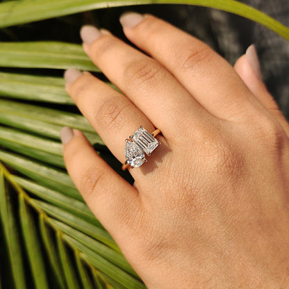2.91 TCW Emerald & Pear Toi Et Moi Moissanite Engagement Ring