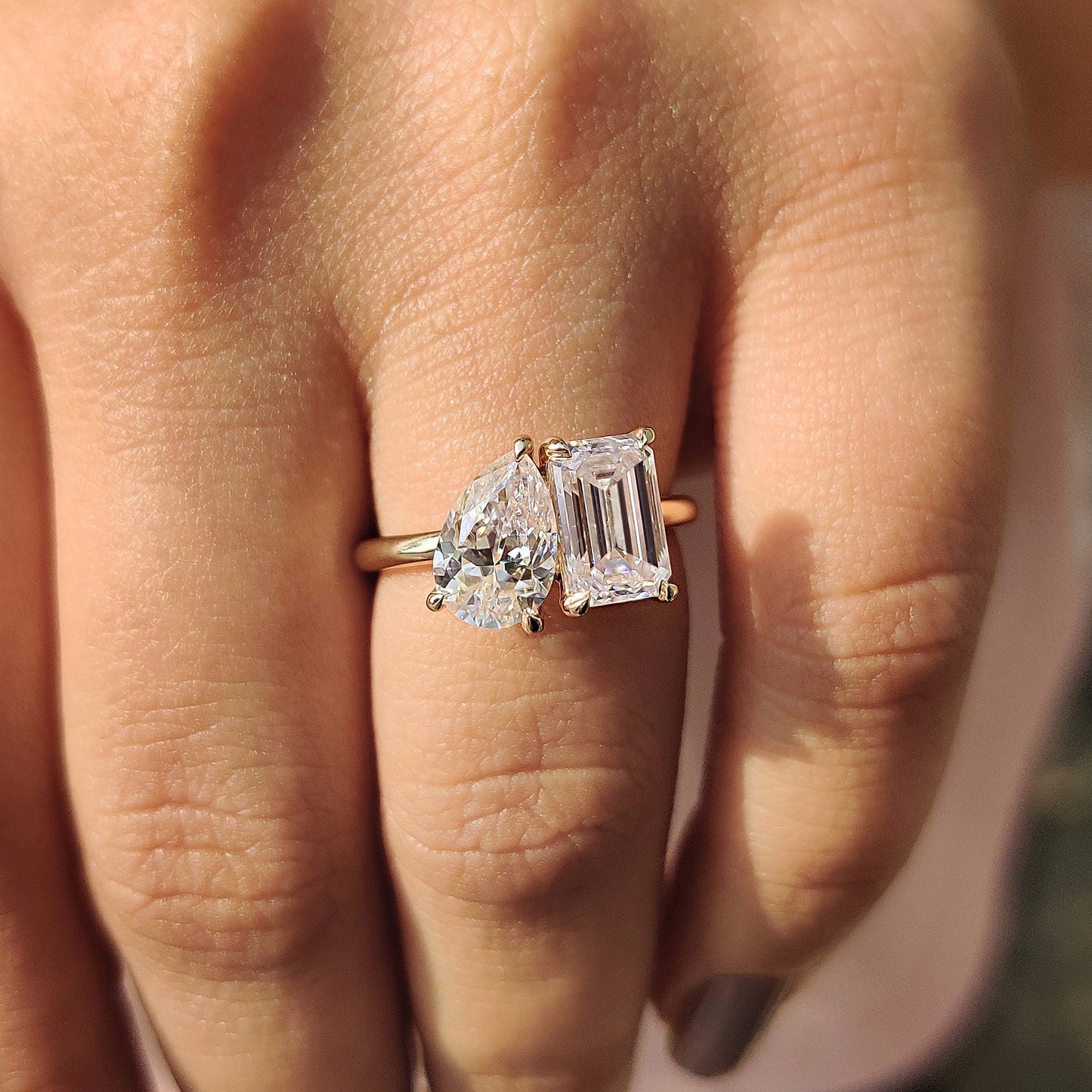 2.91 TCW Emerald & Pear Toi Et Moi Moissanite Engagement Ring