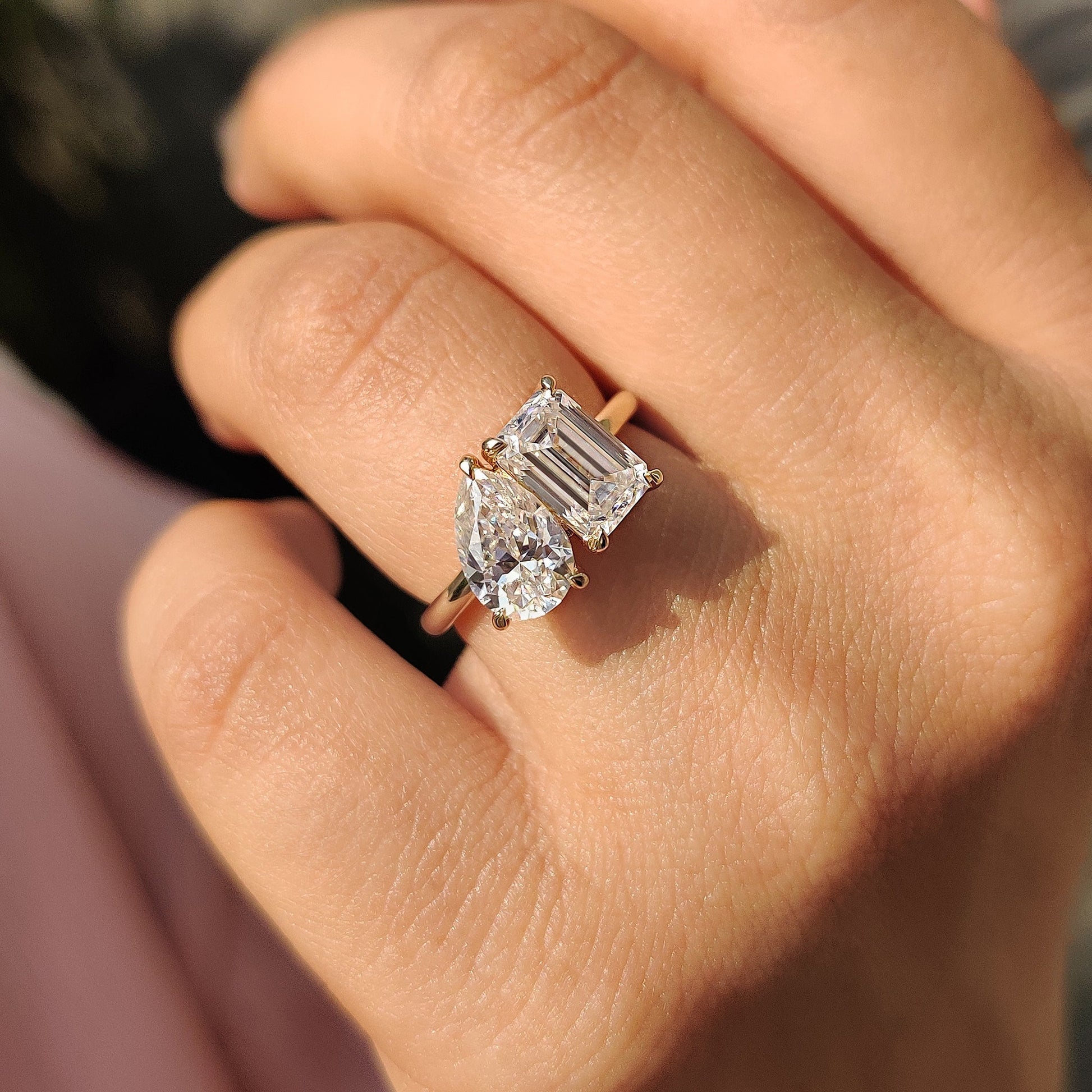 2.91 TCW Emerald & Pear Toi Et Moi Moissanite Engagement Ring