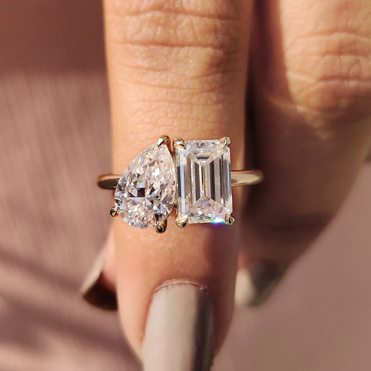 2.91 TCW Emerald & Pear Toi Et Moi Moissanite Engagement Ring