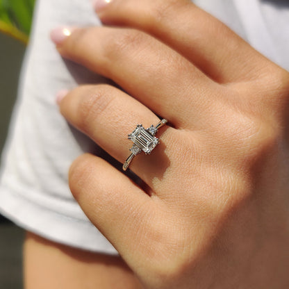 1 CT Emerald Three Stone Moissanite Engagement Ring