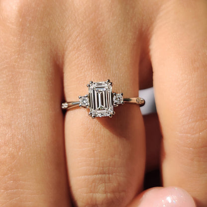 1 CT Emerald Three Stone Moissanite Engagement Ring