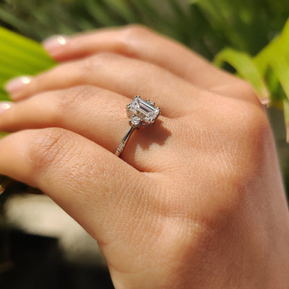 1 CT Emerald Three Stone Moissanite Engagement Ring