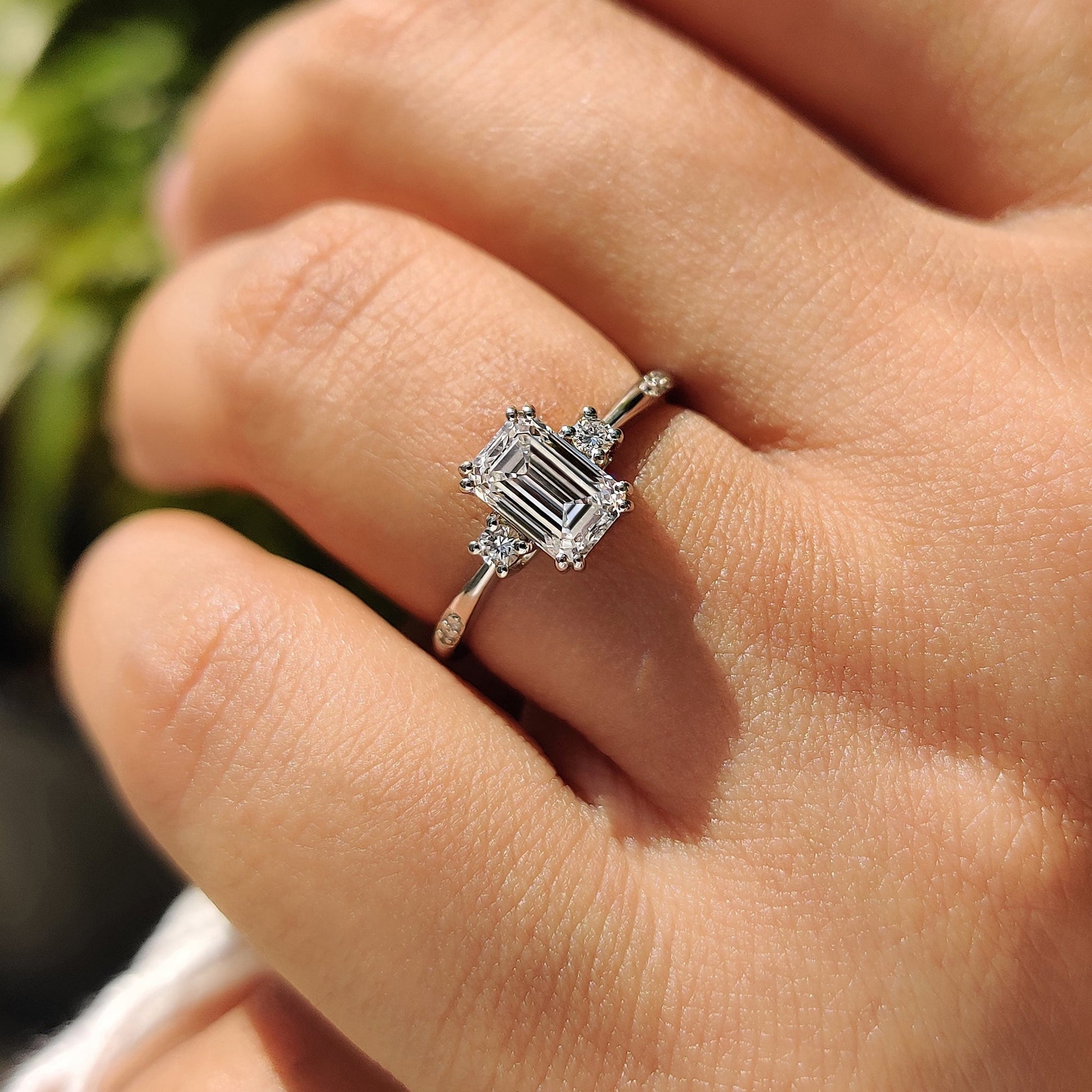 1 CT Emerald Three Stone Moissanite Engagement Ring