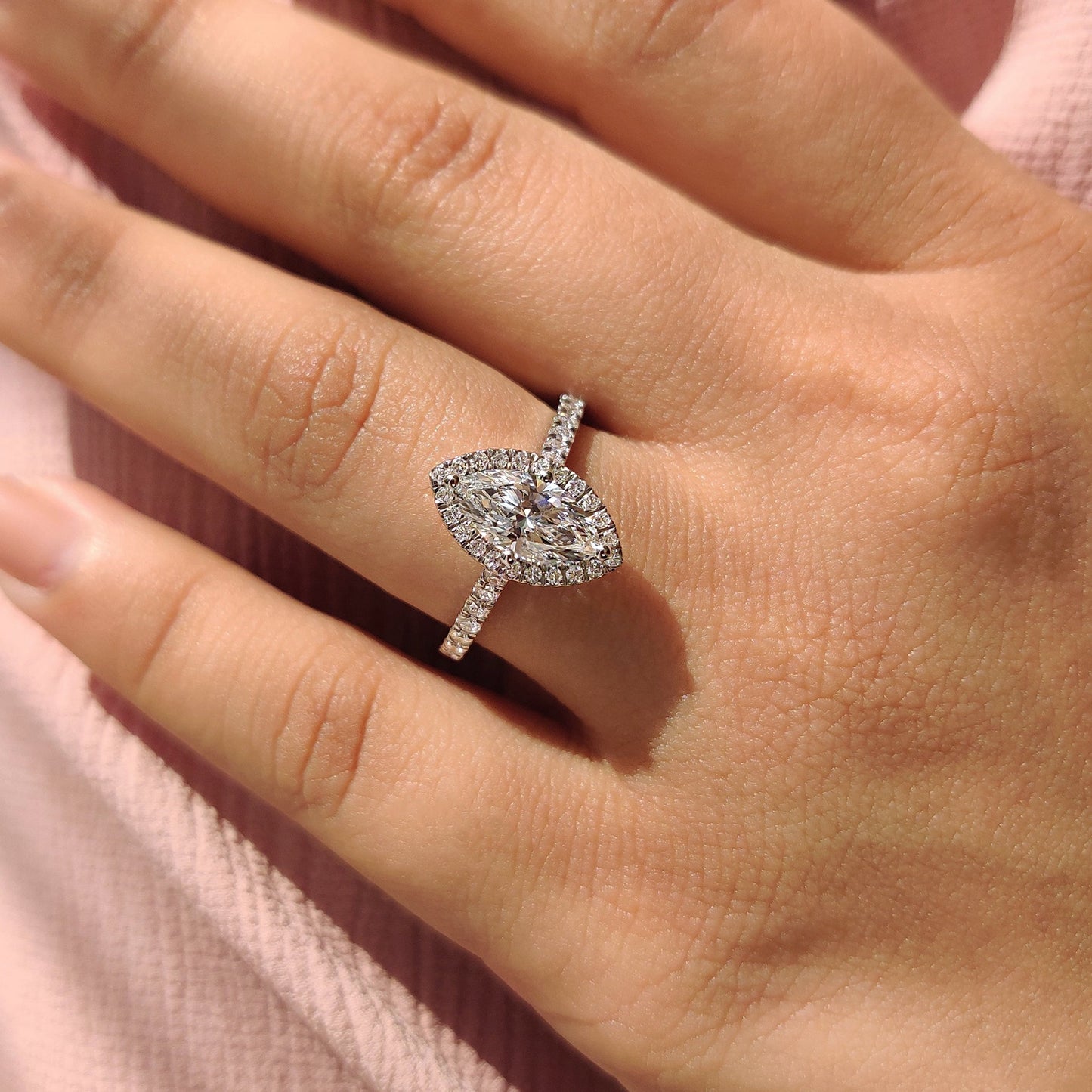 1 CT Marquise Halo & Pave Moissanite Engagement Ring