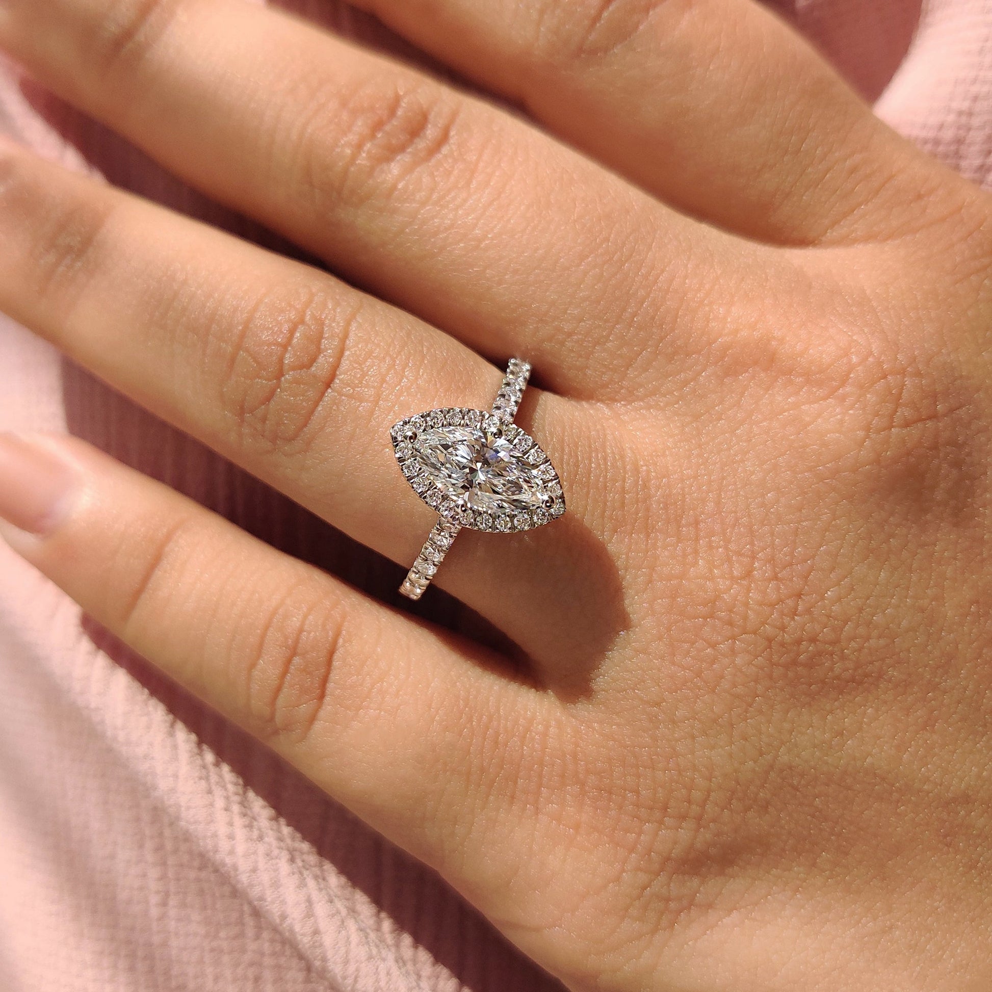 1 CT Marquise Halo & Pave Moissanite Engagement Ring