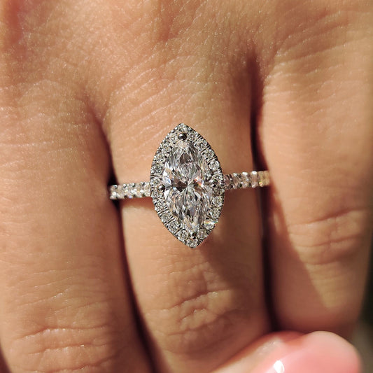 1 CT Marquise Halo & Pave Moissanite Engagement Ring