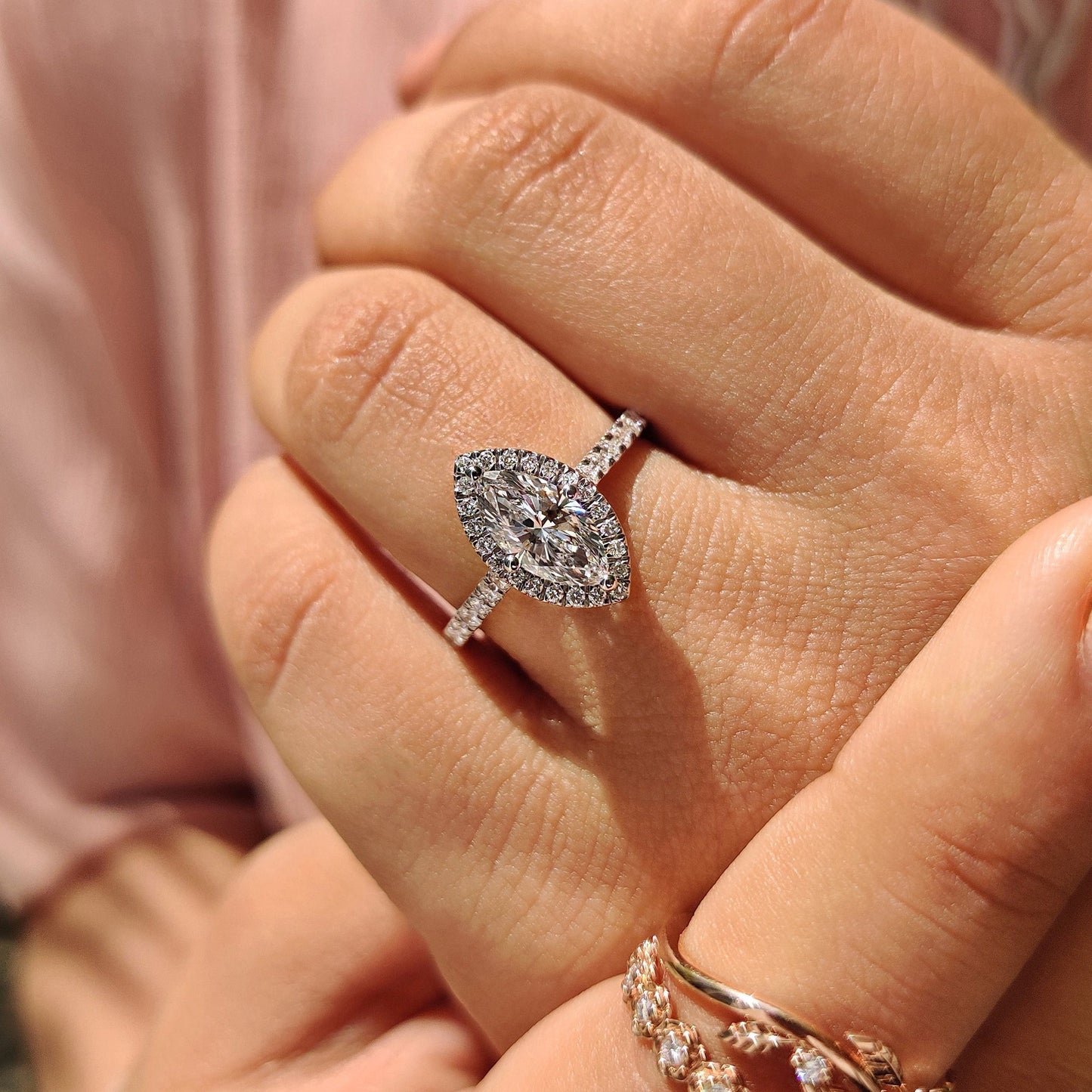 1 CT Marquise Halo & Pave Moissanite Engagement Ring