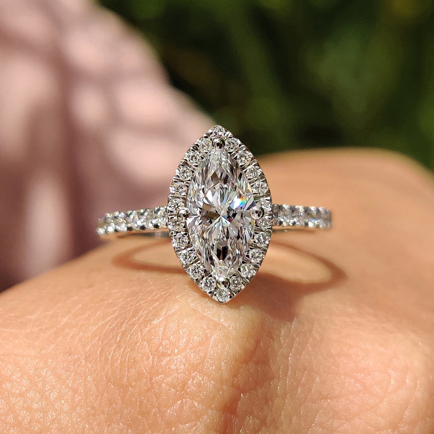 1 CT Marquise Halo & Pave Moissanite Engagement Ring