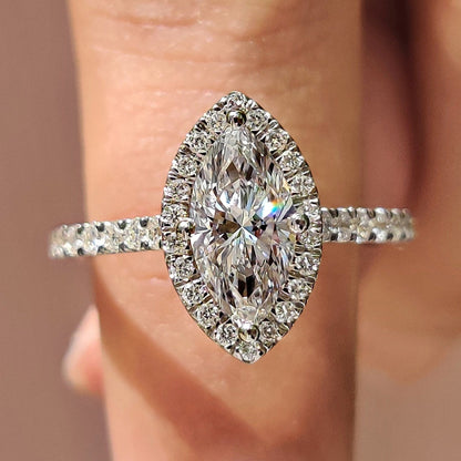 1 CT Marquise Halo & Pave Moissanite Engagement Ring