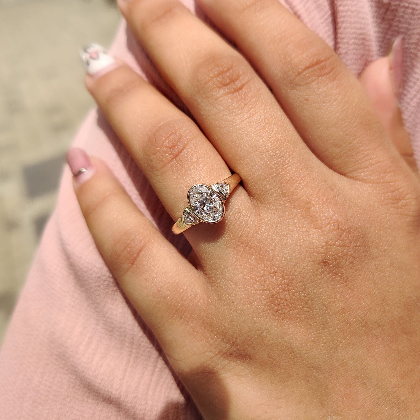 1 CT Oval Three Stone & Bezel Moissanite Engagement Ring