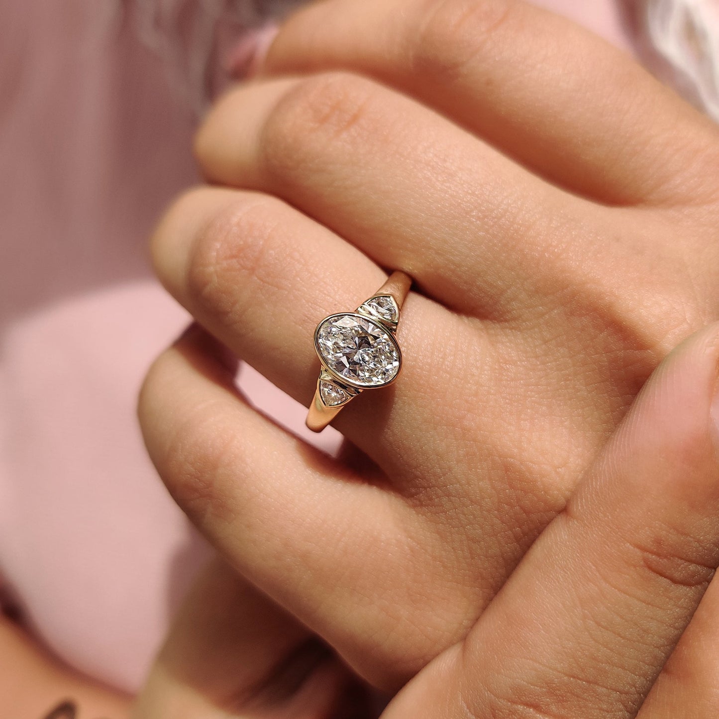1 CT Oval Three Stone & Bezel Moissanite Engagement Ring