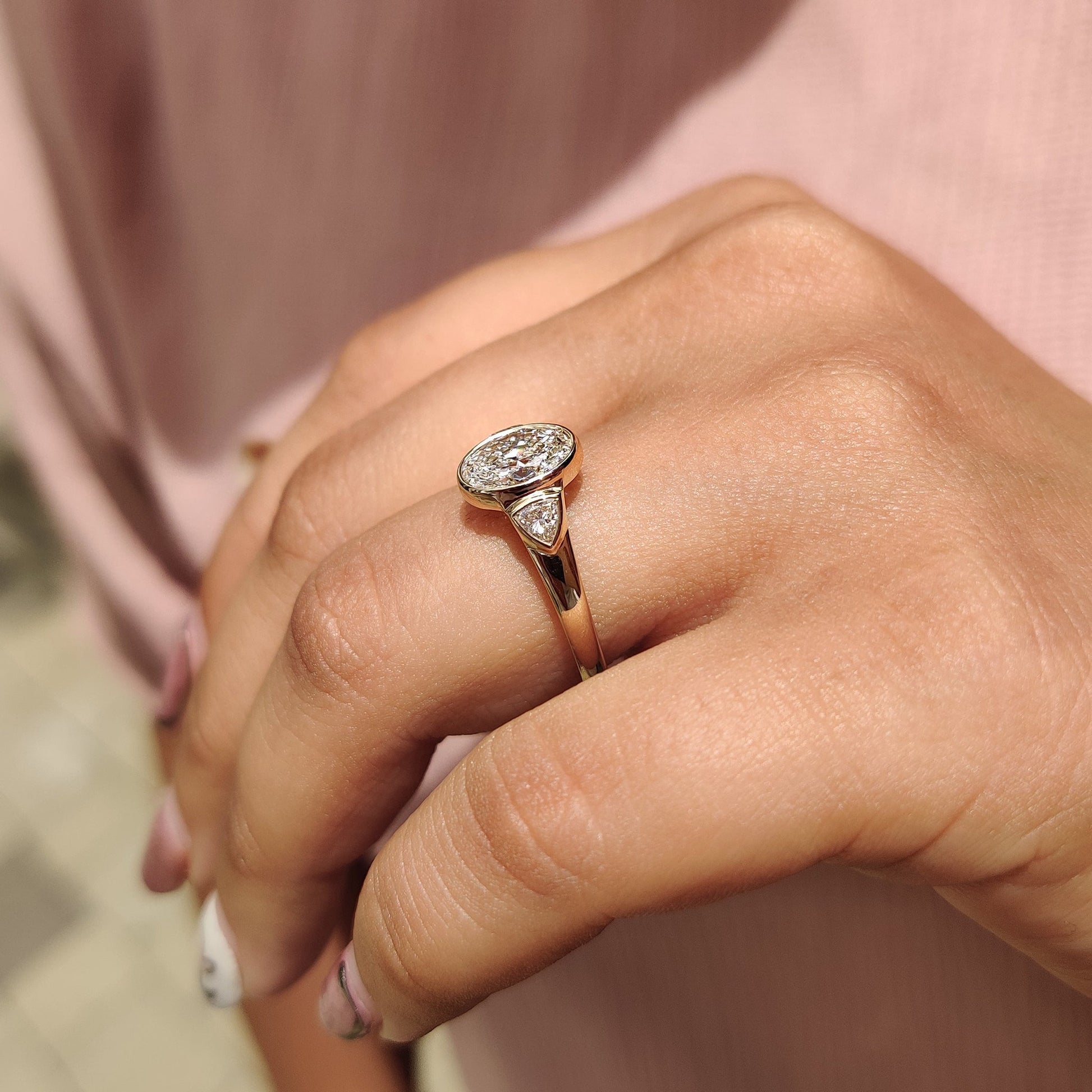 1 CT Oval Three Stone & Bezel Moissanite Engagement Ring