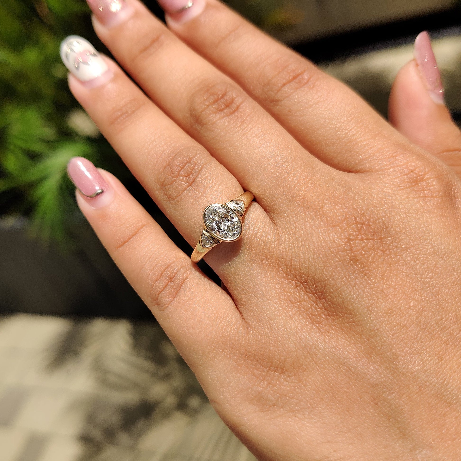 1 CT Oval Three Stone & Bezel Moissanite Engagement Ring