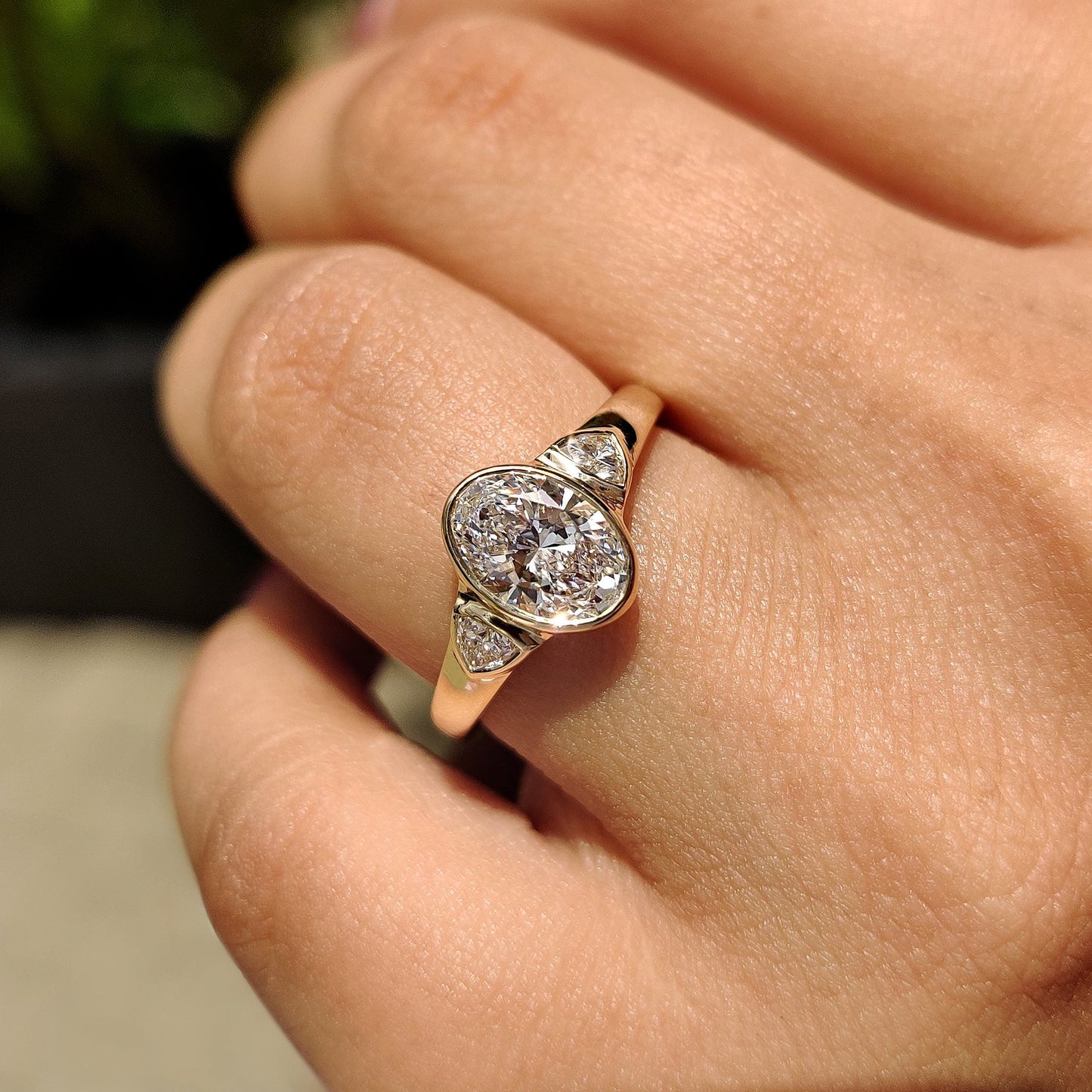 1 CT Oval Three Stone & Bezel Moissanite Engagement Ring