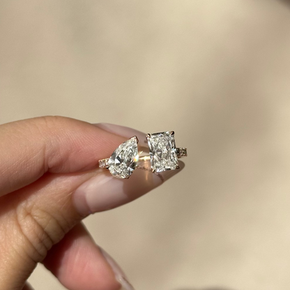 2.5 TCW Radiant & Pear Toi ET Moi & Pave Moissanite Engagement Ring