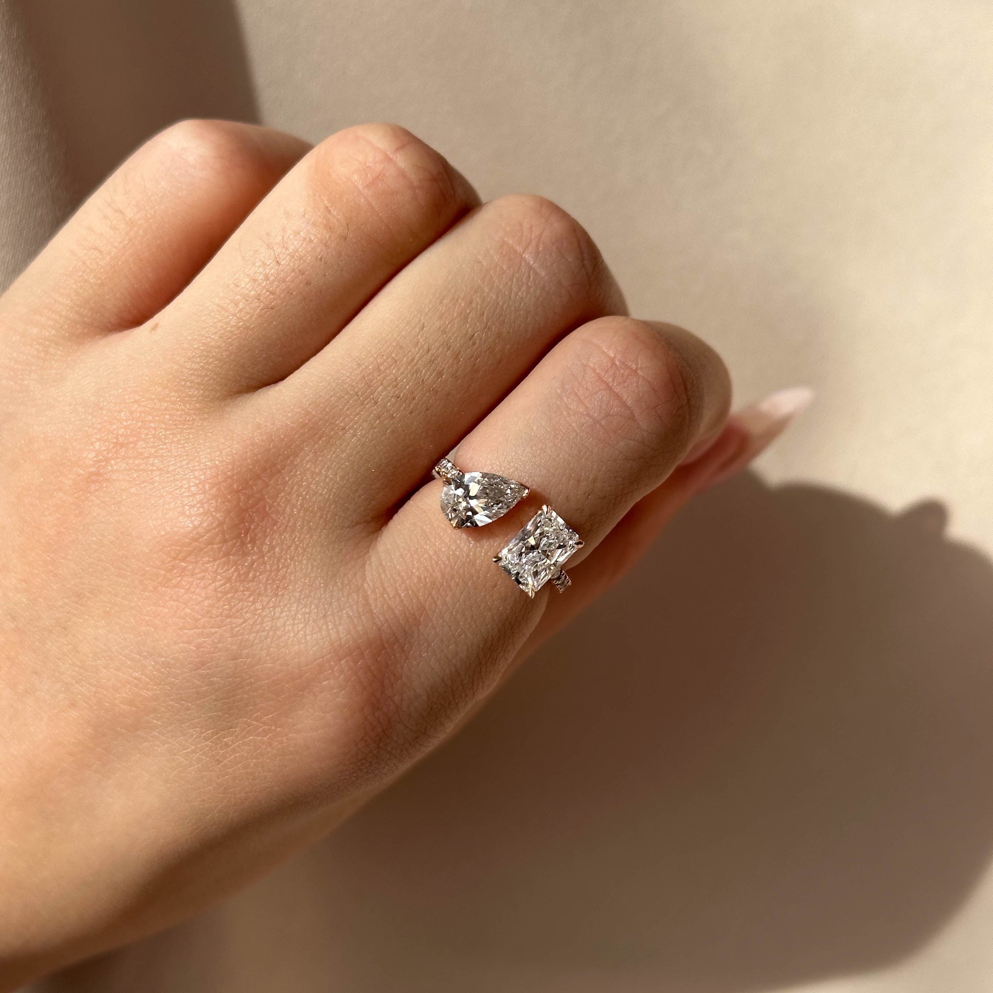 2.5 TCW Radiant & Pear Toi ET Moi & Pave Moissanite Engagement Ring