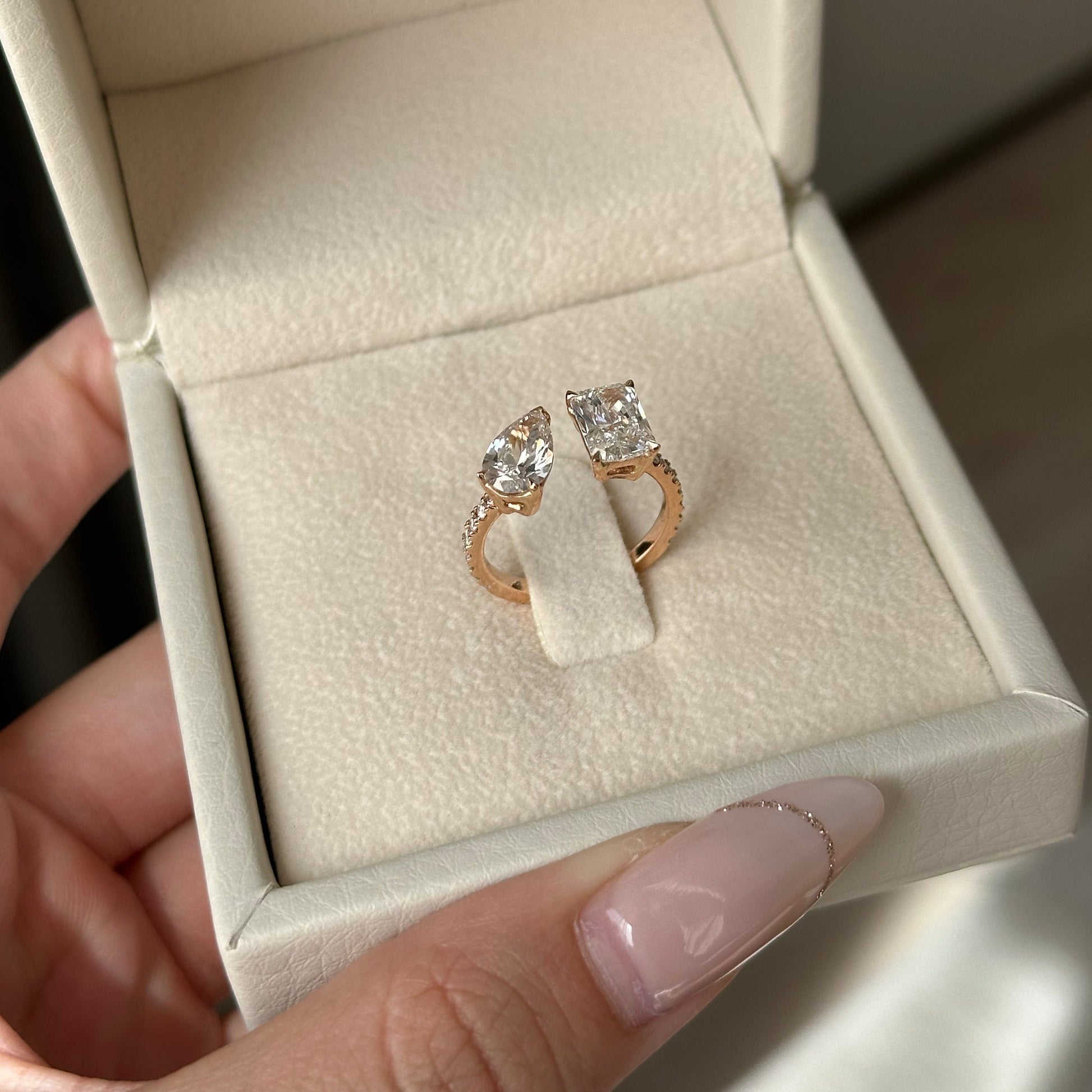 2.5 TCW Radiant & Pear Toi ET Moi & Pave Moissanite Engagement Ring