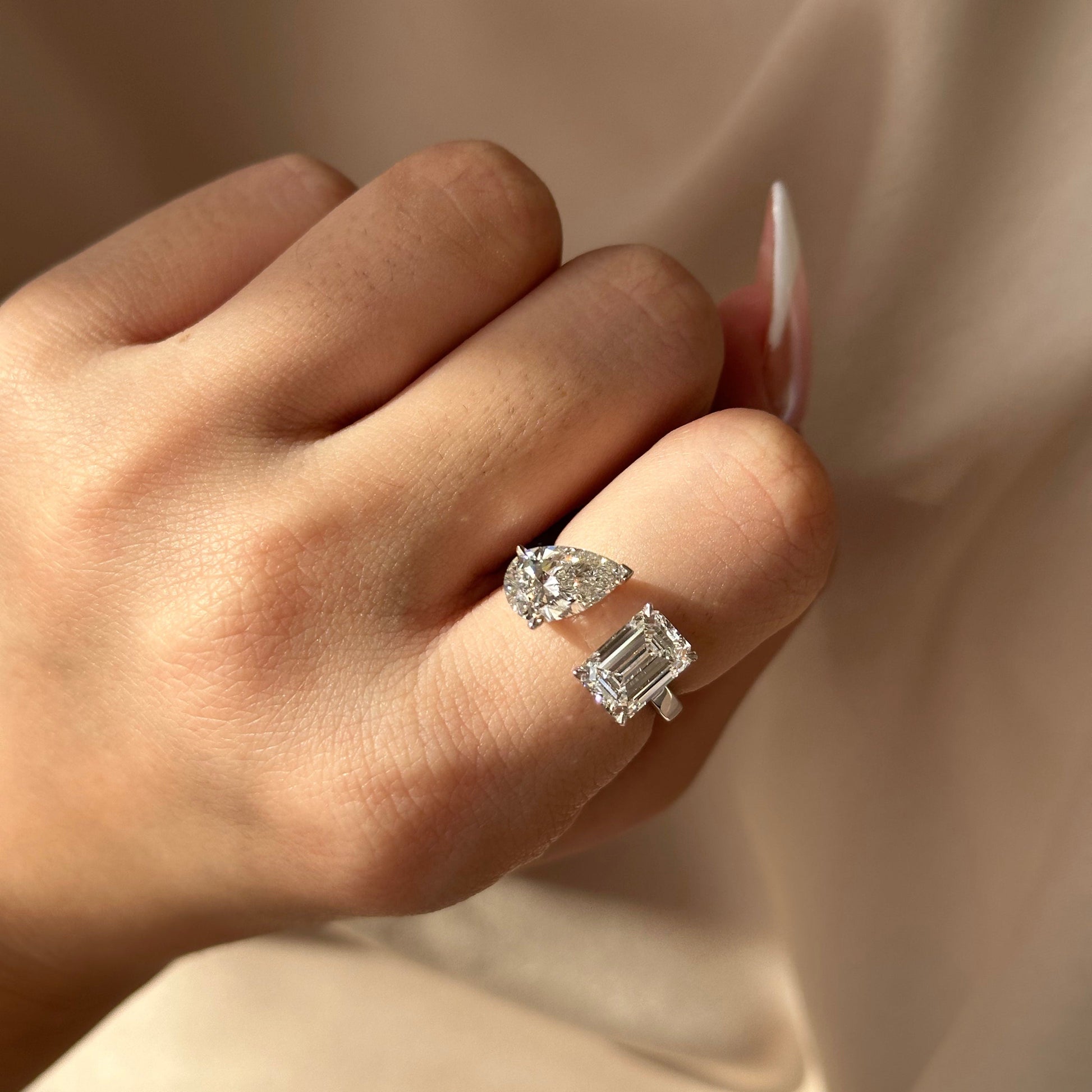 3.5 TCW Emerald & Pear Toi Et Moi Moissanite Engagement Ring