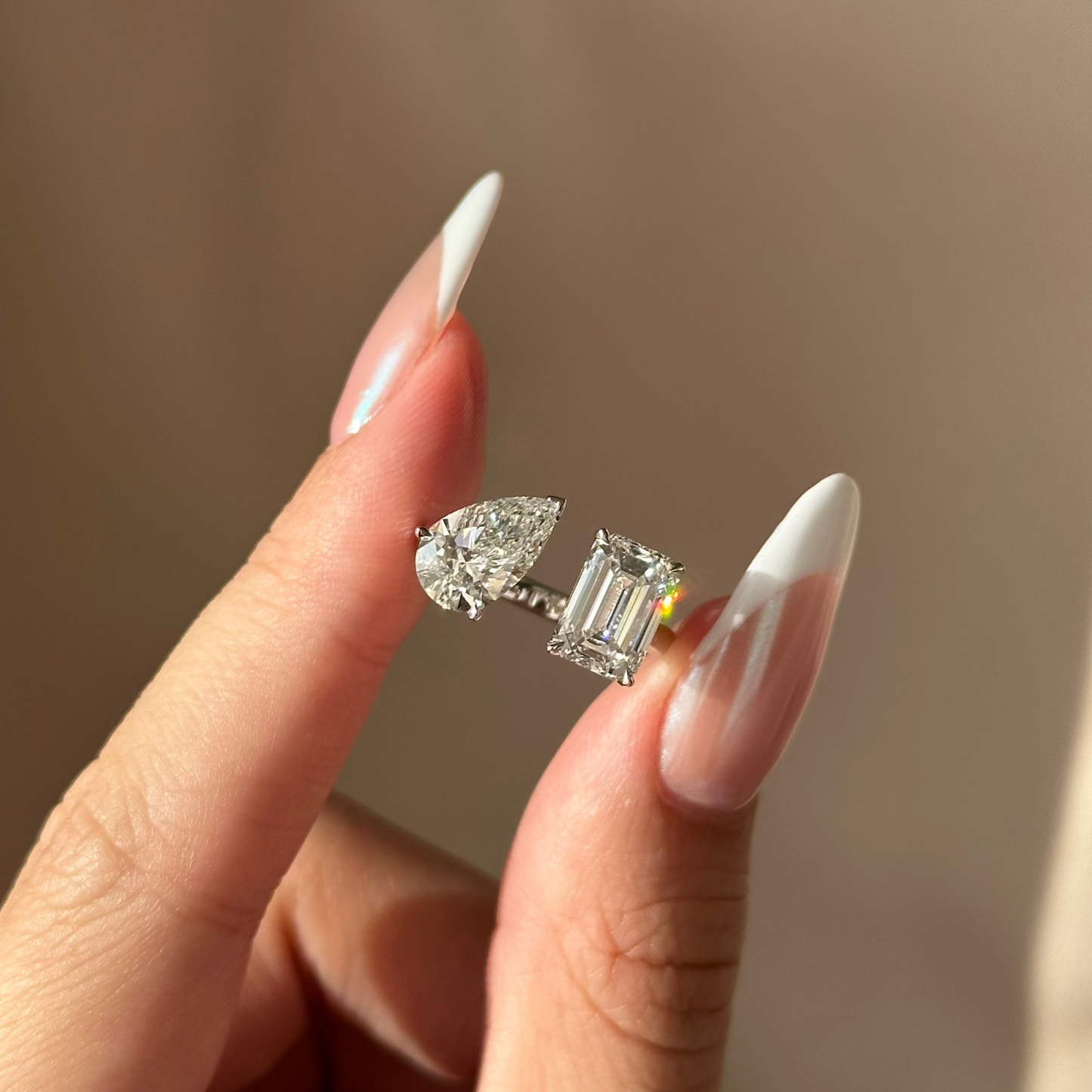3.5 TCW Emerald & Pear Toi Et Moi Moissanite Engagement Ring