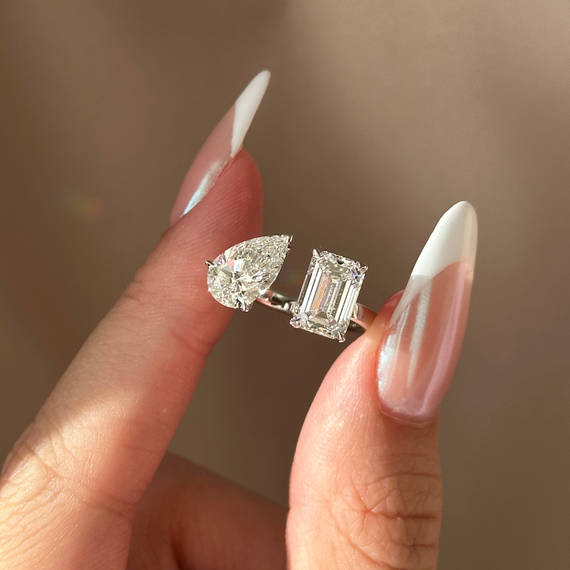 3.5 TCW Emerald & Pear Toi Et Moi Moissanite Engagement Ring