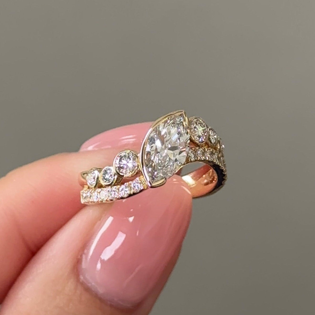 1.09 CT Marquise Curved Pave Moissanite Engagement Ring