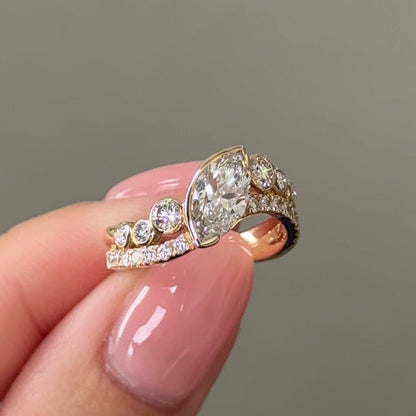 1.09 CT Marquise Curved Pave Moissanite Engagement Ring